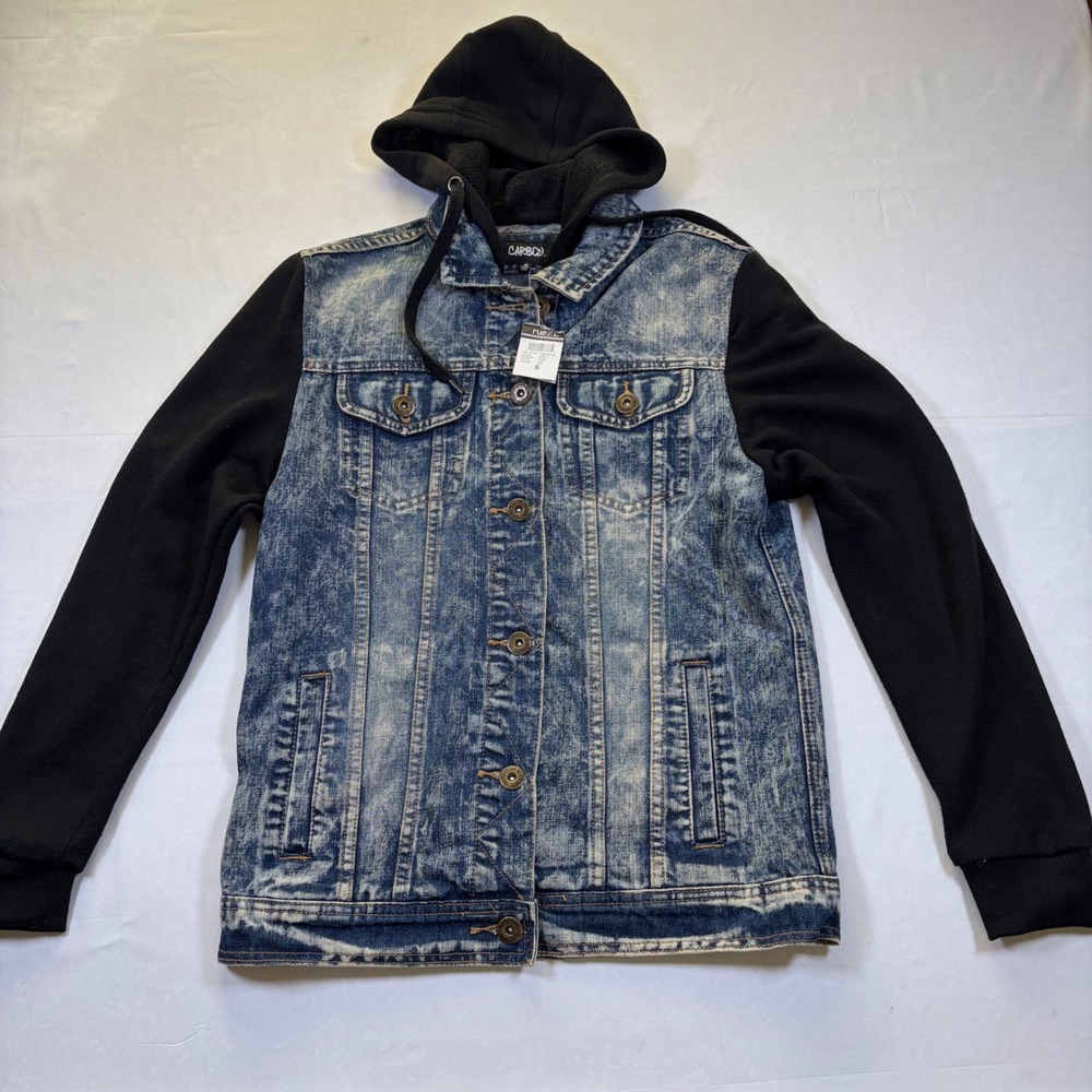 Carbon Rue21 Mens Acid Wash Denim Jacket Black Fleece Hoodie Hybrid Blue S NEW